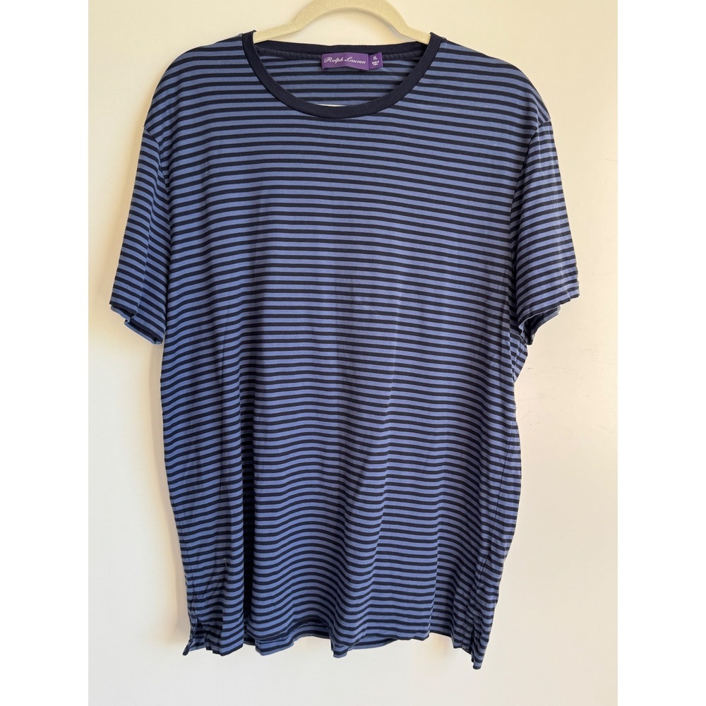 Ralph Lauren Purple Label Women XL Blue Navy Stripe Cotton Shirt Peru Embroidery